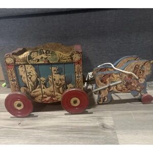 Vintage  900 Circus Wagon Wooden Pull Toy Horses Lion Lithograph